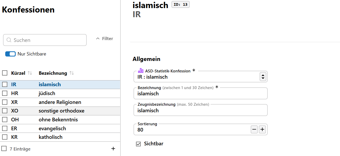 Konfigurieren Sie die Religionen Ihrer Schule. Katalog mit den Religionen
