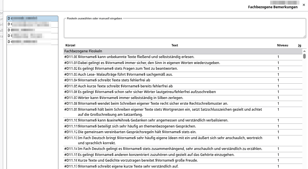Auswahlliste der fachbezogenen Floskeln