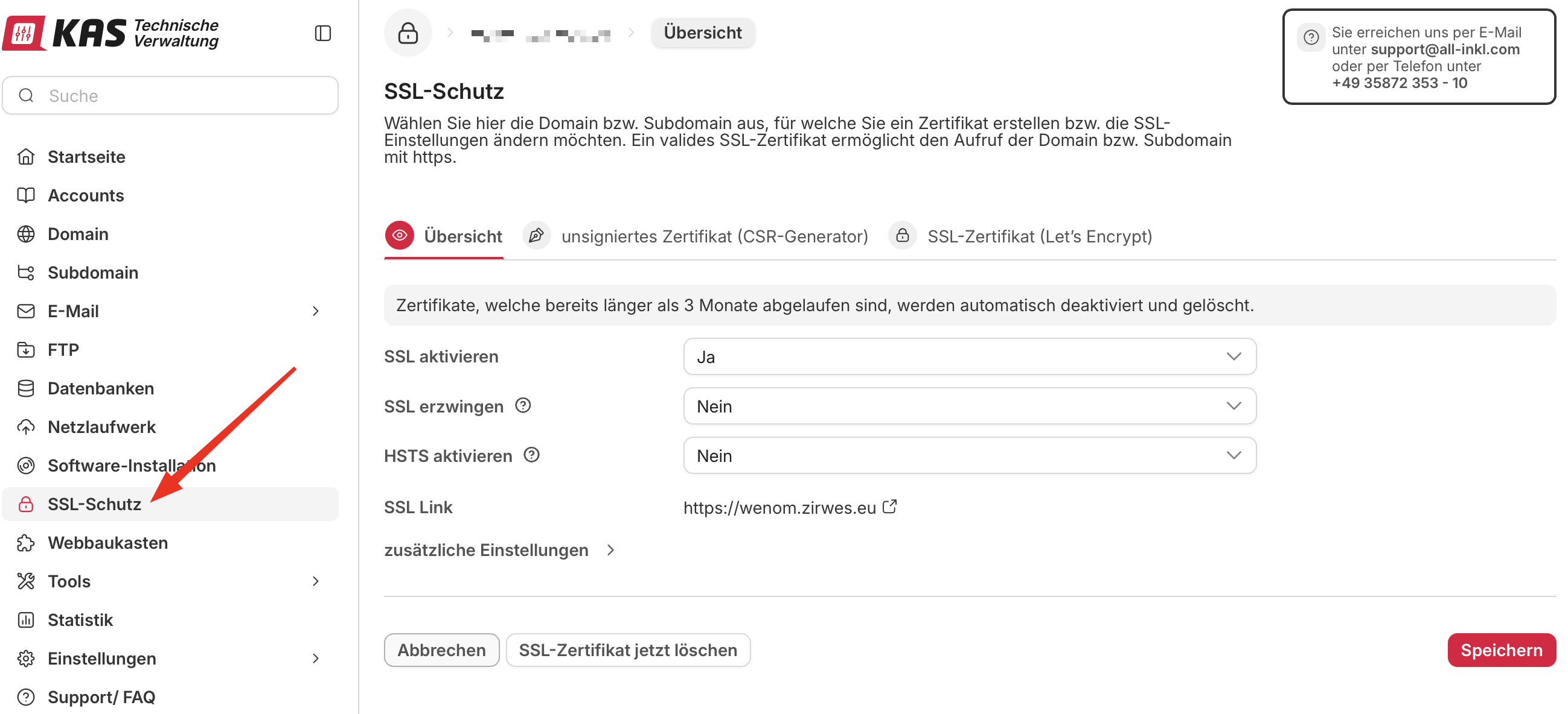 Bereich SSL Verwaltung