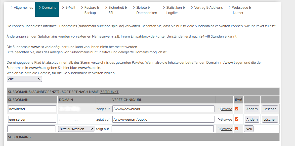 Einrichtung Subdomain. Bereich Domain