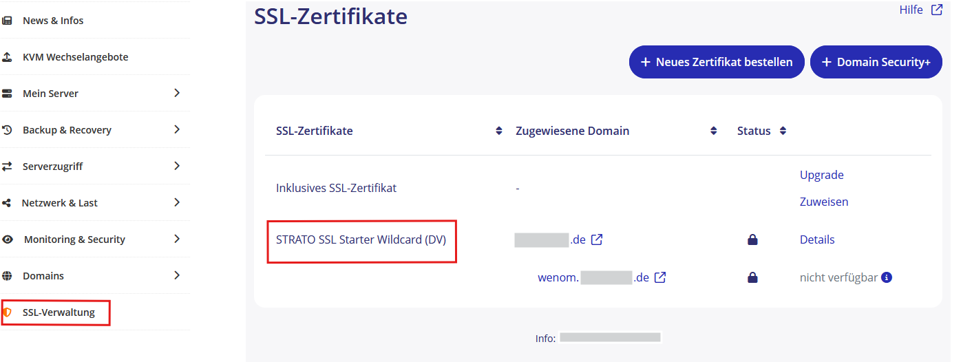 Bereich SSL Verwaltung
