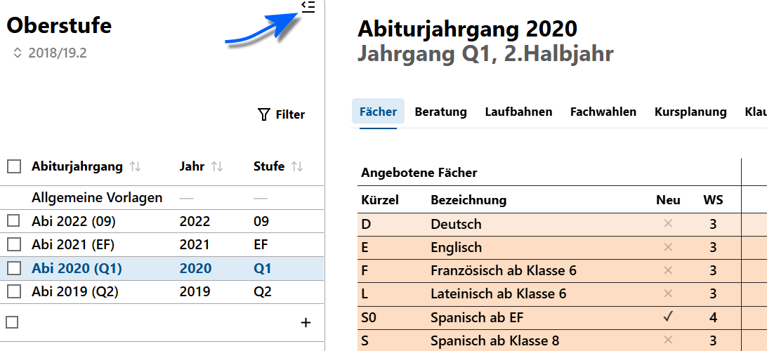 Alle Tabs der App Oberstufe haben linksseitig die Auswahlliste der Abiturjahrgänge