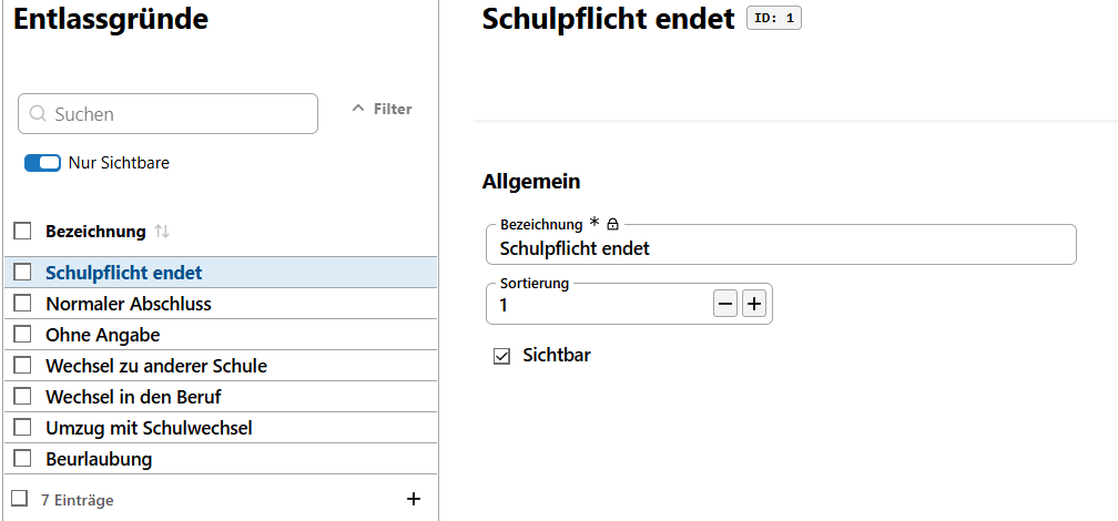 Katalogübersicht der definierten Entlassgründe