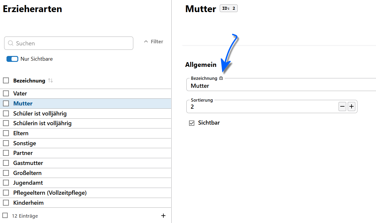 Stellen Sie die Erzieherart ein und beachten Sie das Schlosssymbol. Der Detaileintrag zu den Erzieherarten