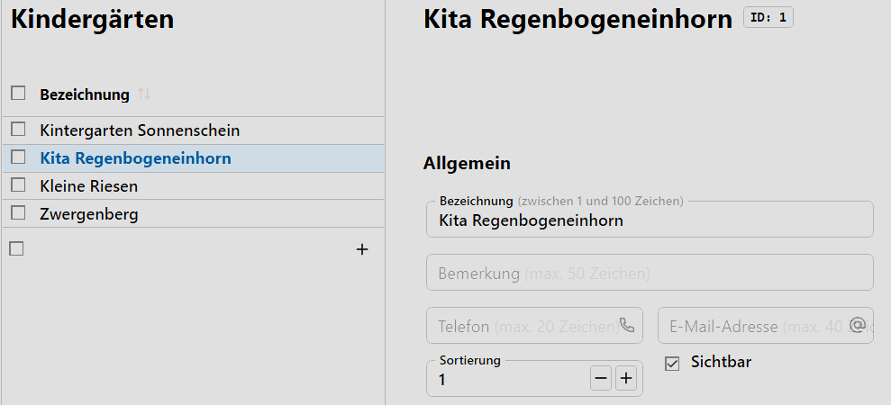 Legen Sie Ihre Kindergärten an. Katalogübersicht der Kindergärten