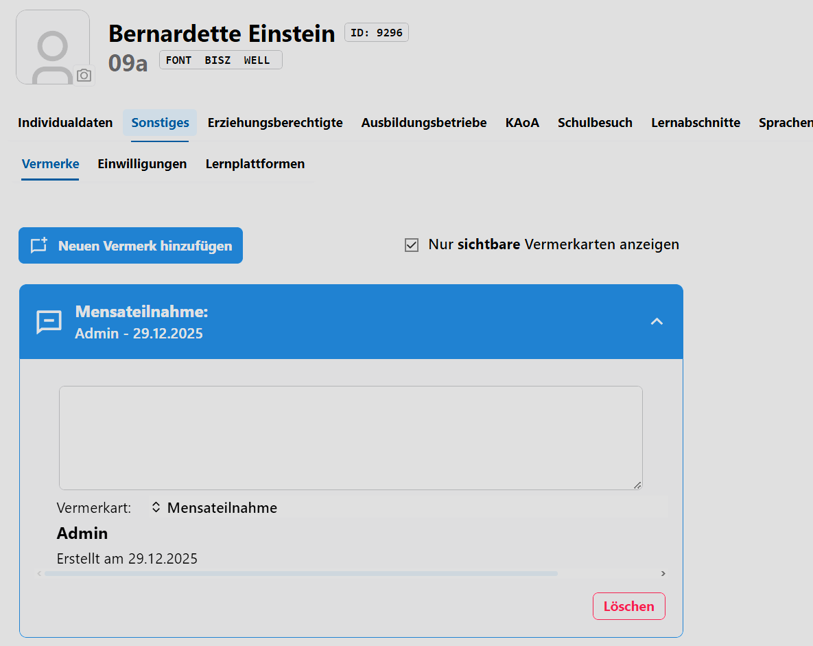 App Schüler, dort Sonstiges, dort Vermerke
