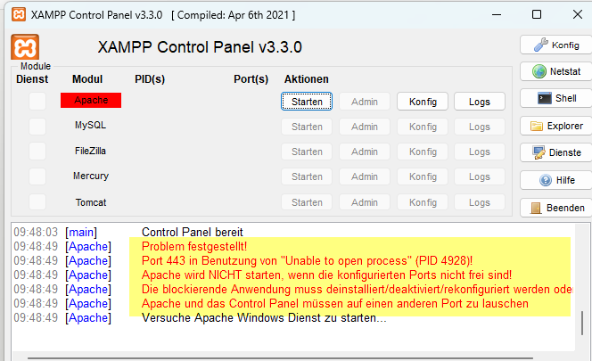 XAMPP Fehlermedlung