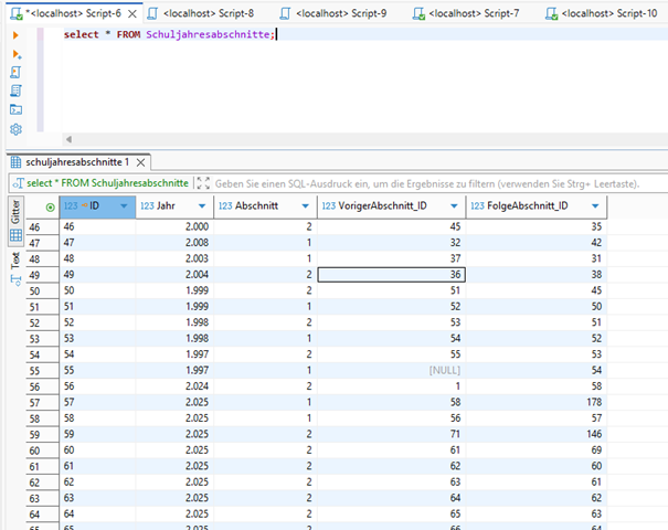 Tabelle Schuljahresabschnitte