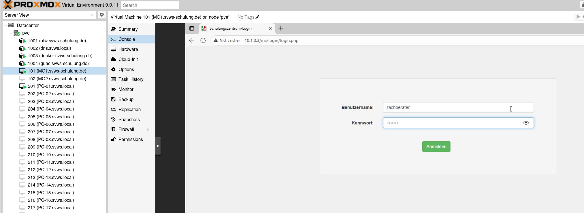 Login in die Wartungsoberfläche