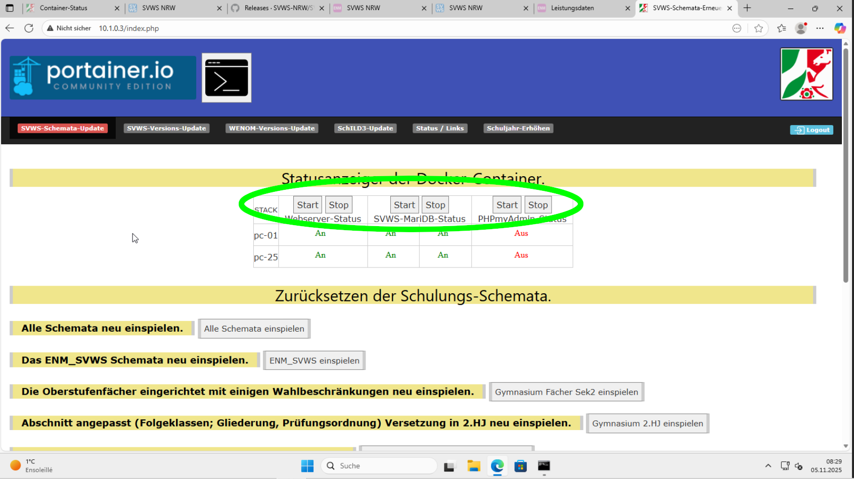 Startseite für das Zurückspielen der Datenbanken