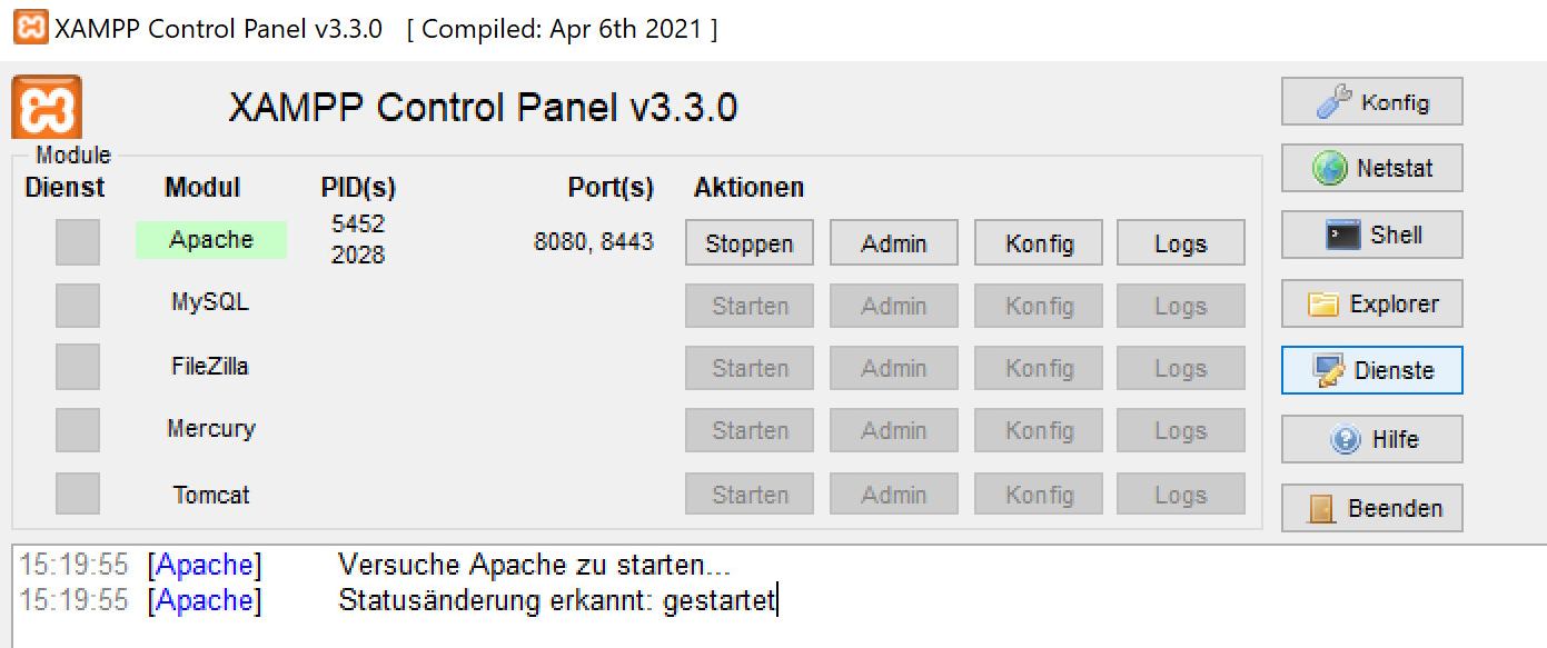 Nach dem Start von Apache