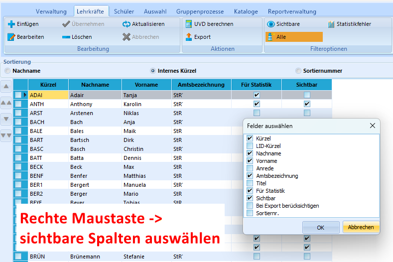 Spaltenansicht im Lehrercontainer
