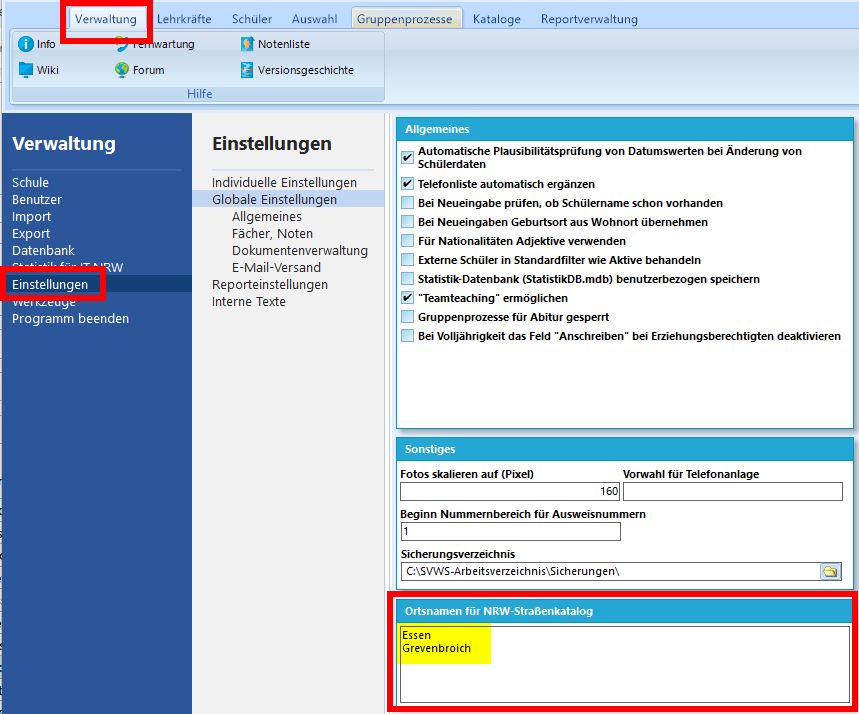 Einstellungen zum Laden des Straßenkatalogs
