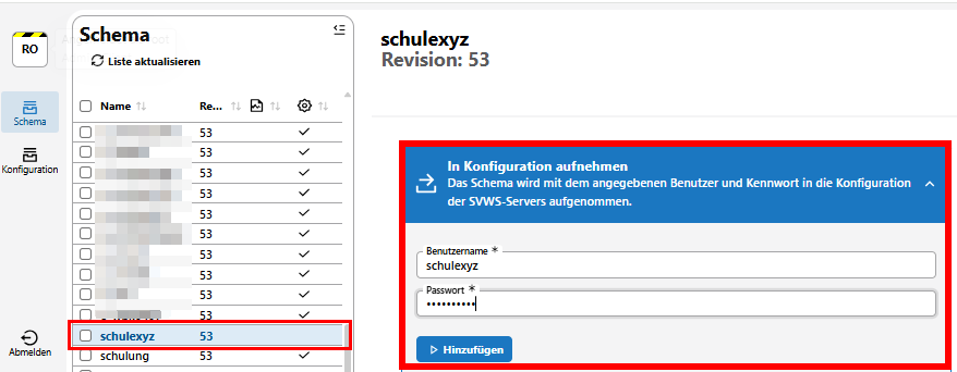 Schema in Konfiguration aufnehmen