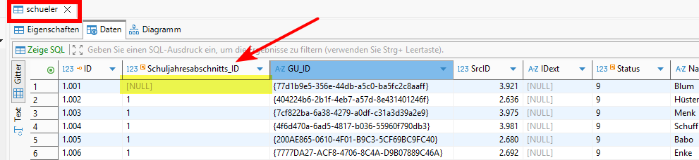 NUll-Eintrag in der Tabelle Schueler